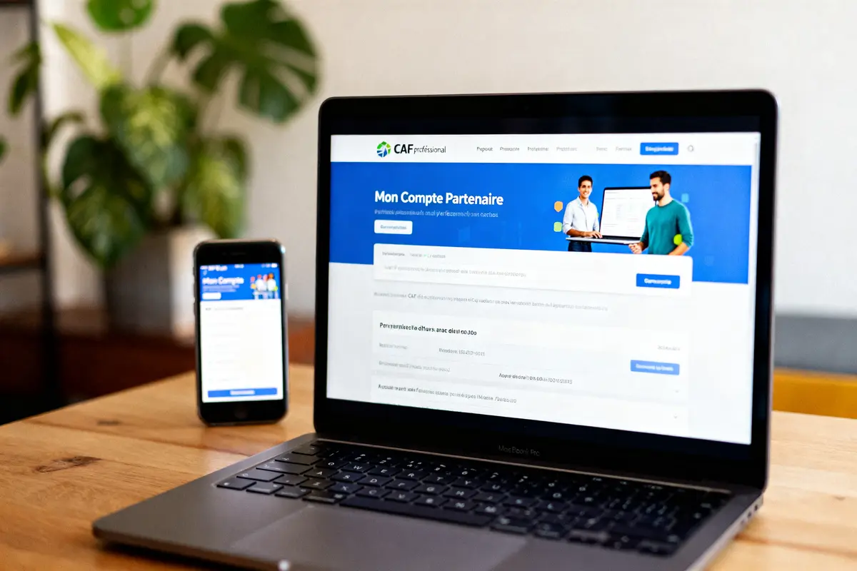 Ordinateur portable affichant le site CAF professionnel Mon Compte Partenaire en ligne et mobile