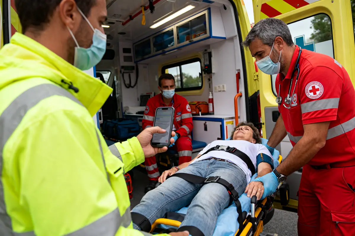 pexels-michal-pech-213601-757318 (1) Personnel médical aidant une patiente en ambulance CARPIMKO services d'urgence et téléphone visible