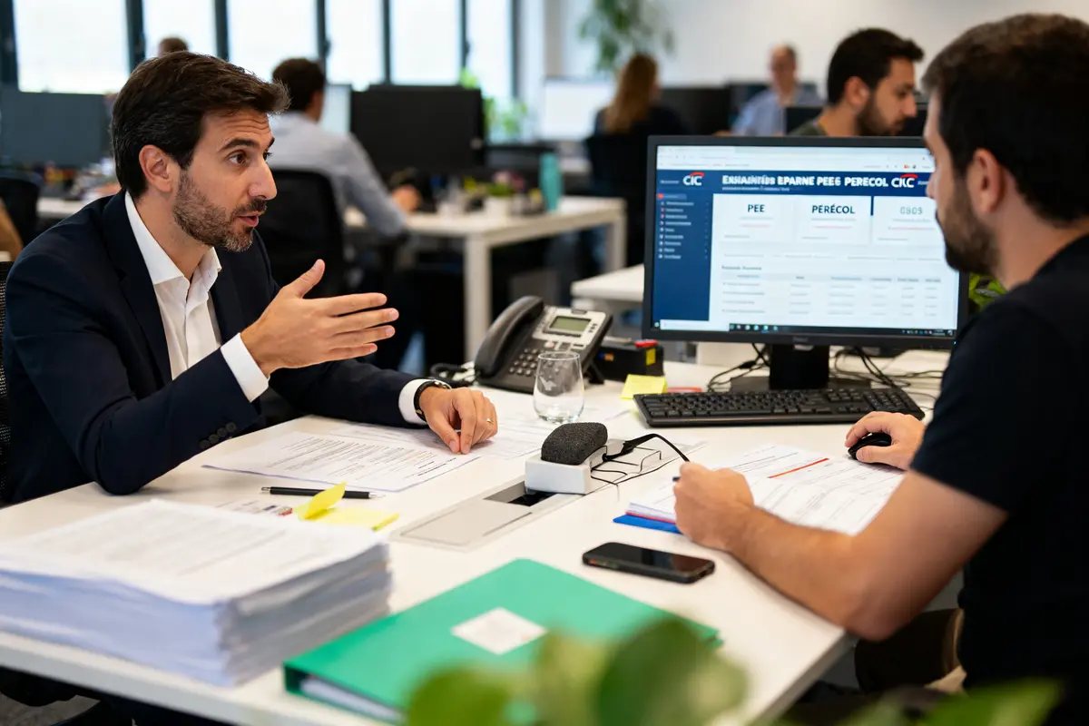 pexels-michal-pech-213601-757318 (1) Deux hommes discutent de CIC Épargne salariale devant un ordinateur dans un bureau.