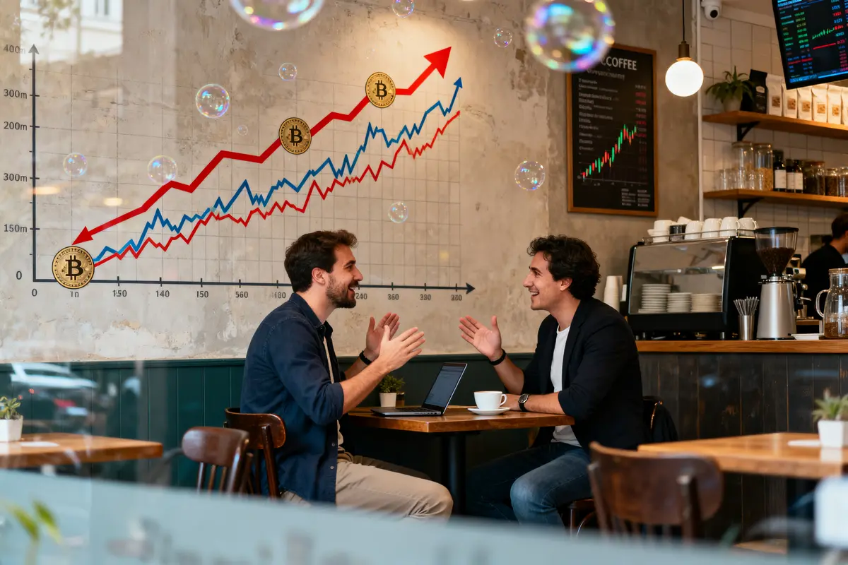 pexels-michal-pech-213601-757318 (1) Deux hommes discutent de Crypto Bubble dans un café avec graphique Bitcoin et bulles flottantes