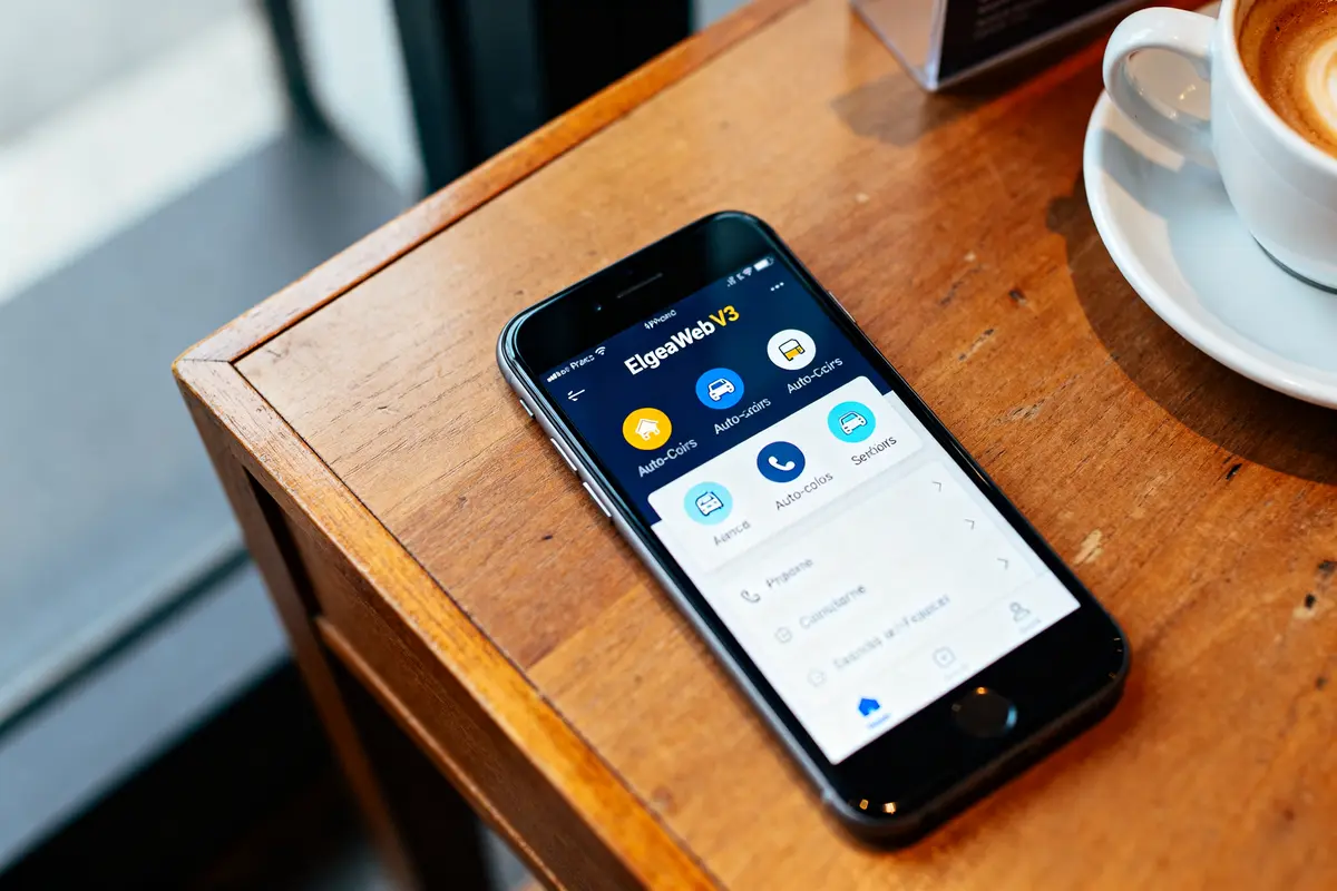 Smartphone affichant ElgeaWeb V3 sur une table en bois avec une tasse de café