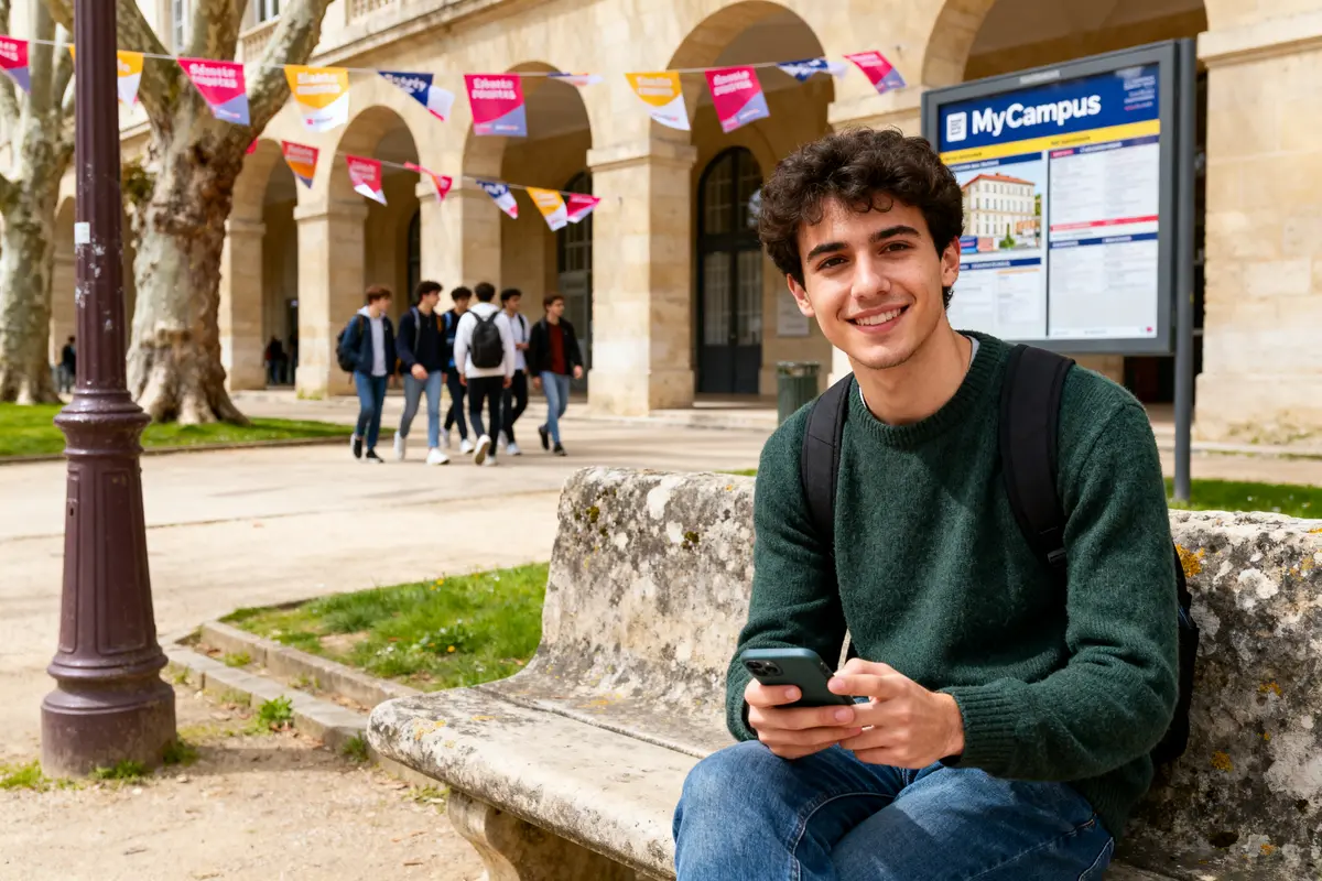 Jeune homme souriant sur un banc devant panneau MyCampus et étudiants en arrière-plan