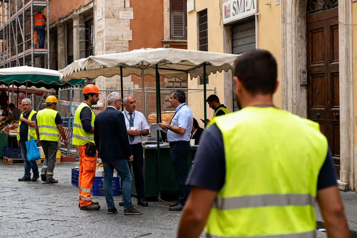 Travailleurs italiens en gilets discutant du SMIC en Italie sur un chantier urbain
