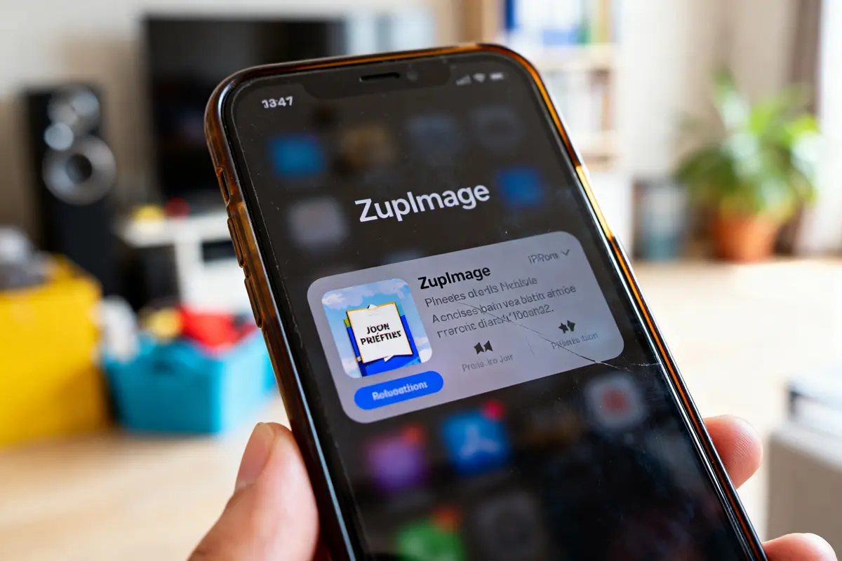 Smartphone affichant l'application ZupImage et sa notification dans un salon lumineux