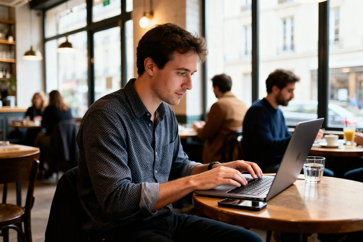 Homme travaillant sur un ordinateur portable dans un café pour business-focus.fr