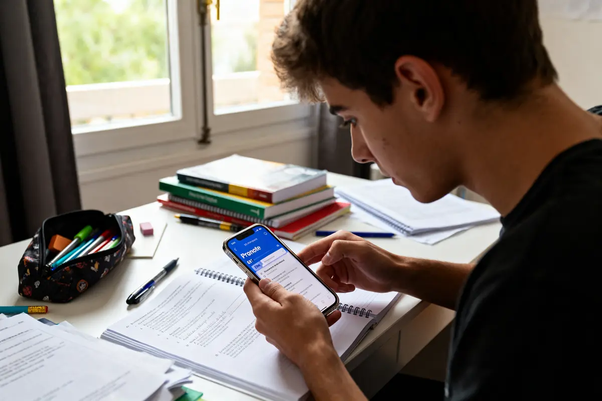 Un étudiant consulte Pronote sur son téléphone pour savoir comment connaître sa classe en avance
