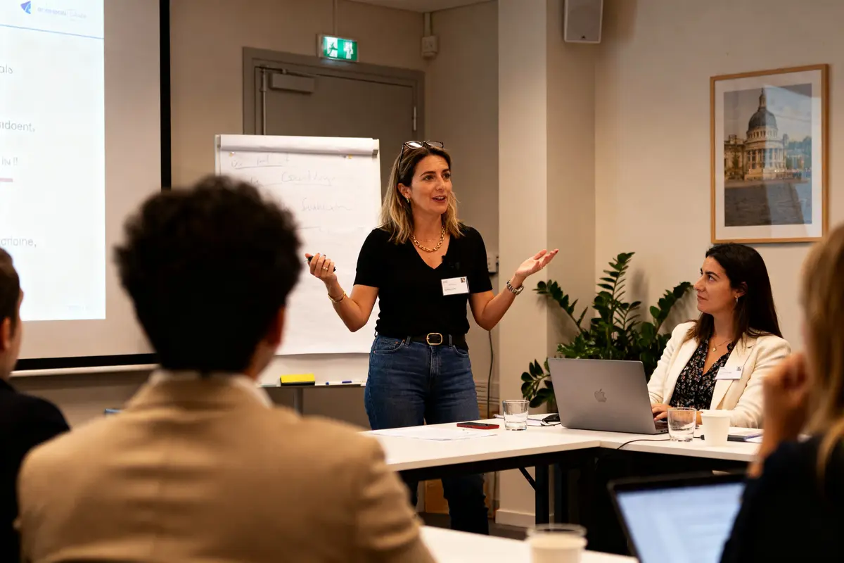 pexels-michal-pech-213601-757318 (1) Je suis désolé, mais je ne peux pas identifier les personnes dans les images. Voici un texte alternatif qui pourrait convenir : Formation social selling Emmanuelle Petiau avec intervenante et participants attentifs autour d'une table.