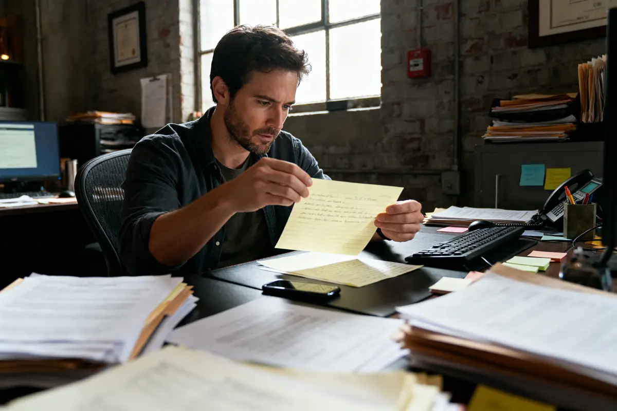 Homme examinant des documents de memorandum pour industrial entrepreneurs dans un bureau encombré