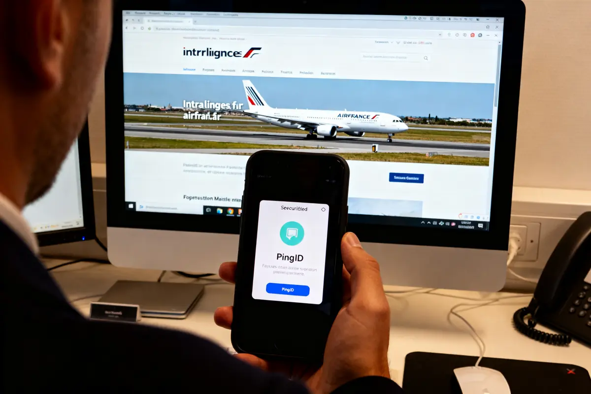 Homme utilisant PingID sur mobile devant intralignes.airfrance.fr affiché sur un ordinateur