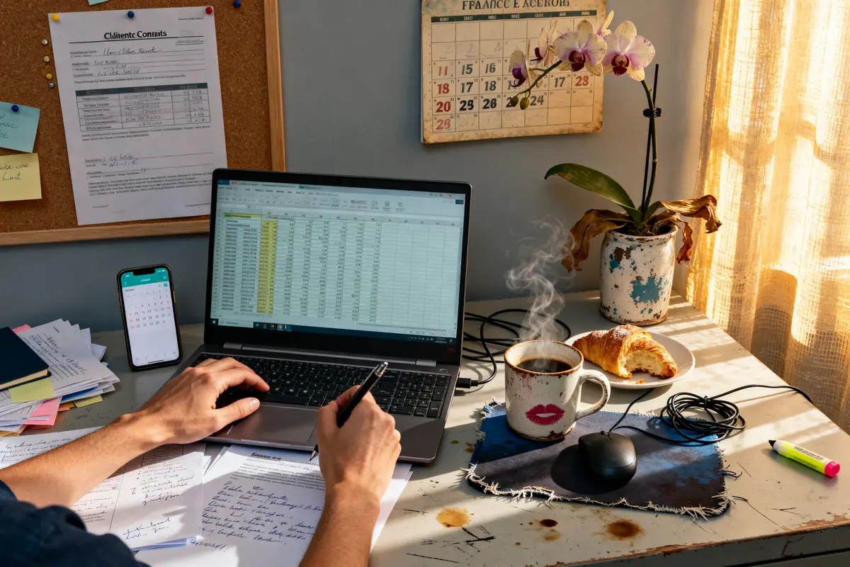 pexels-michal-pech-213601-757318 (1) Bureau avec ordinateur, café et croissant illustrant le slogan secrétaire indépendante efficace et moderne