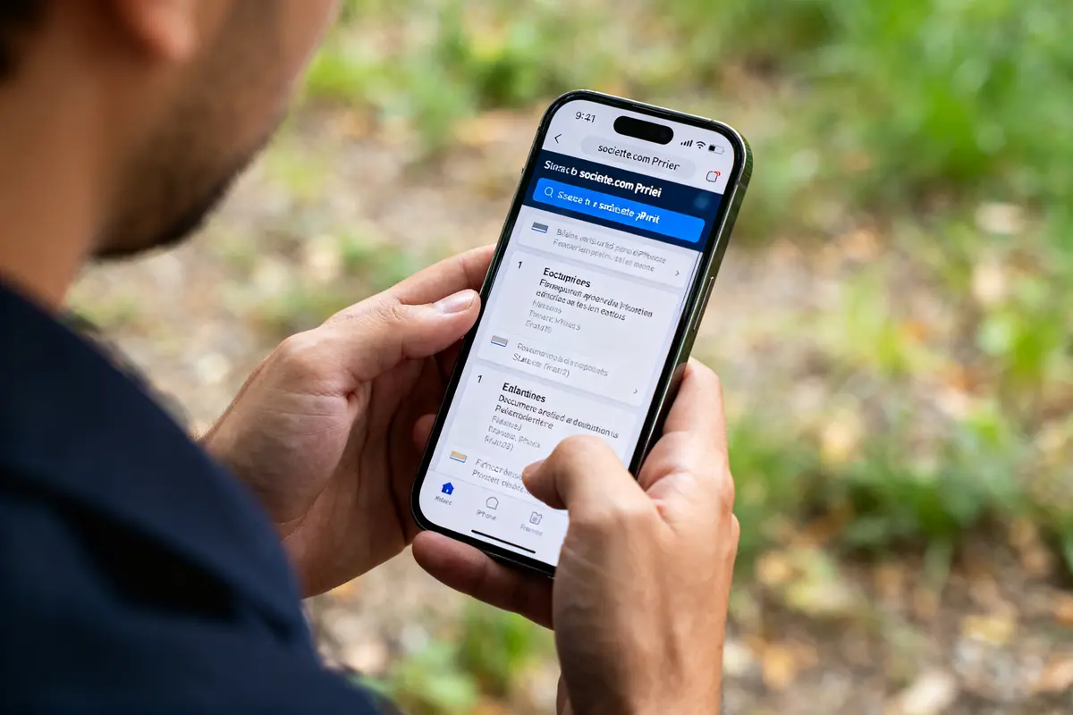 Personne consultant societe.com gratuit sur smartphone en extérieur avec une page d'informations.